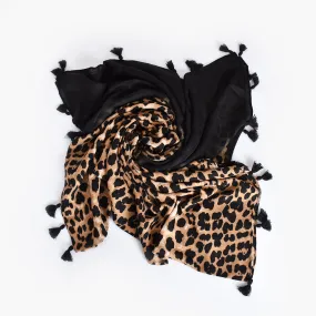 BORDERED LEOPARD TASSEL EDGE SCARF