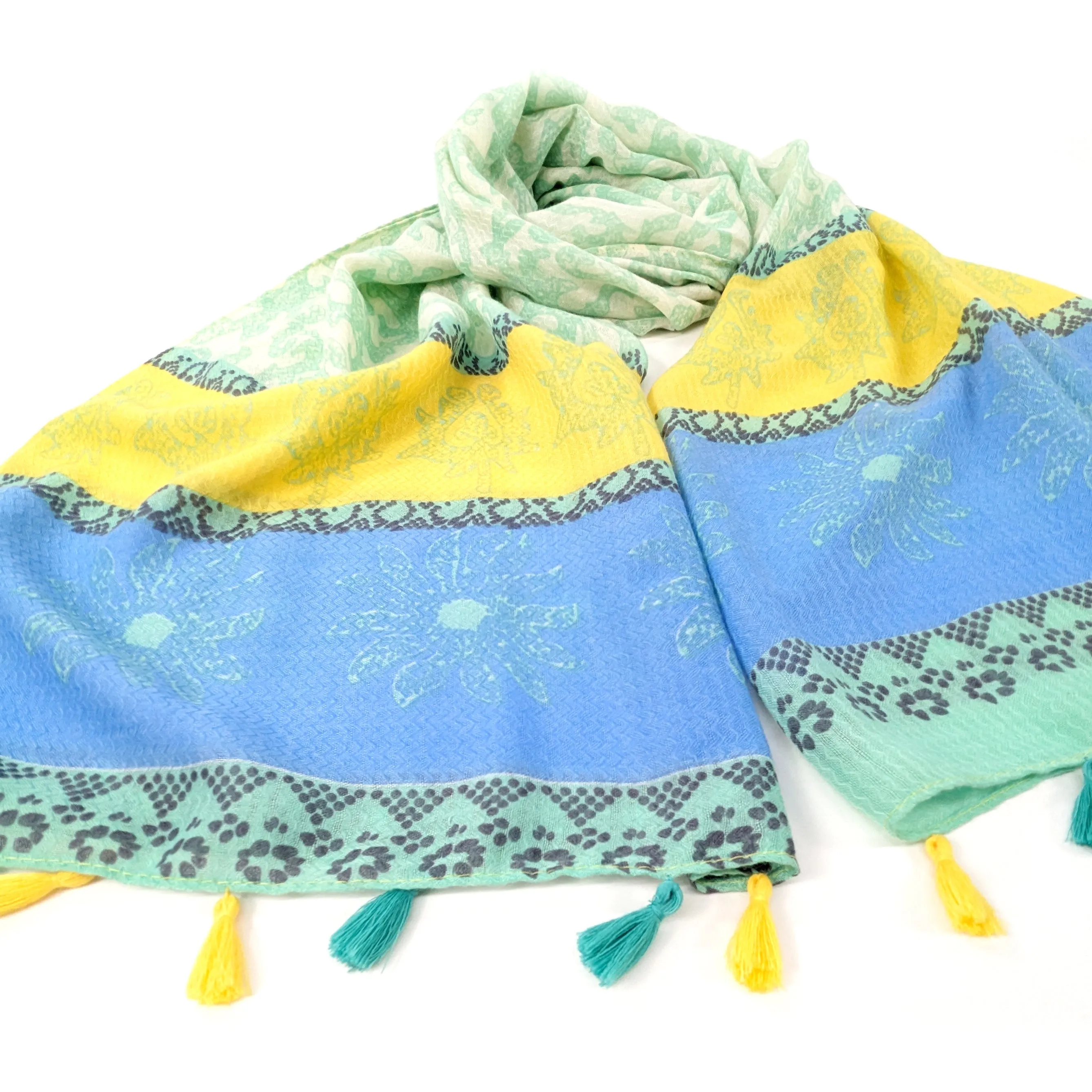 Bordered Seaweed Scarf - Mint/Yellow (80x180cm)