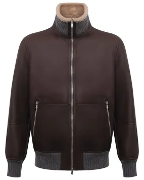 Brown Lambskin Leather and Shearling Bomber Jacket