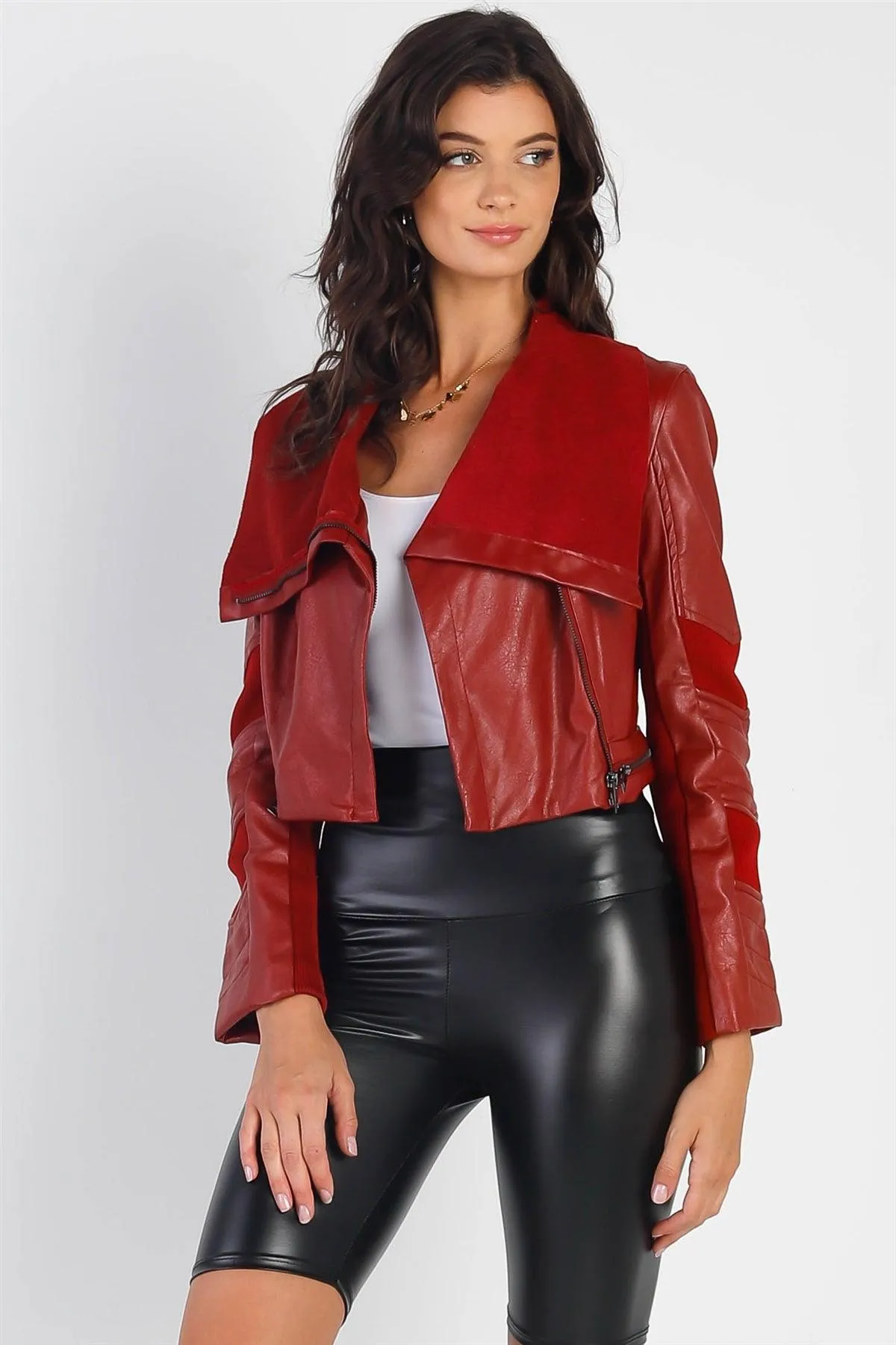 Burgundy Red Vegan Leather Structured Oblique Front Zipper Double Sided Suede Lapel Collar Cropped Jacket /1-2-1