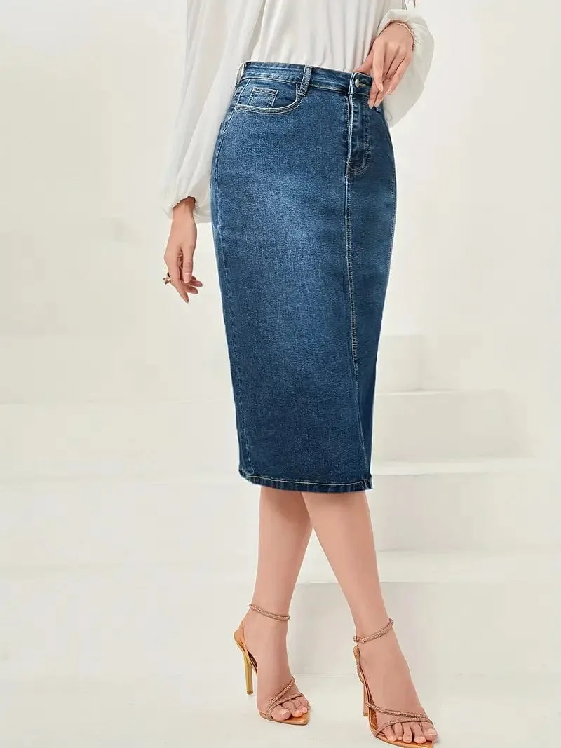 Button Front Denim Maxi Skirt with Side Slit