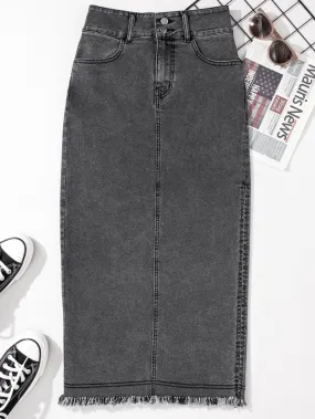 Button Front Denim Maxi Skirt with Side Slit