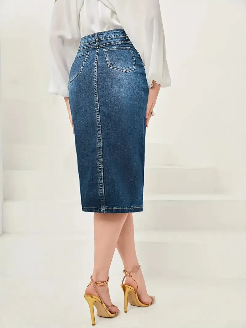 Button Front Denim Maxi Skirt with Side Slit