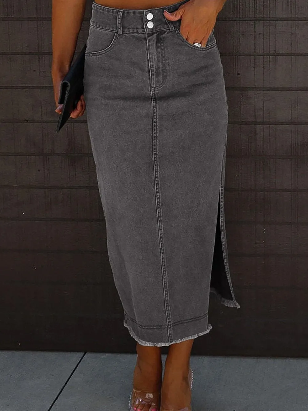 Button Front Denim Maxi Skirt with Side Slit