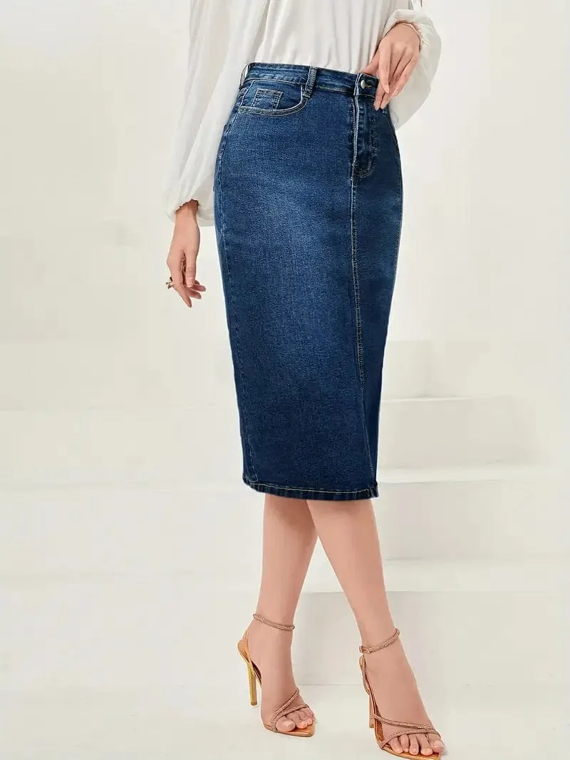 Button Front Denim Maxi Skirt with Side Slit