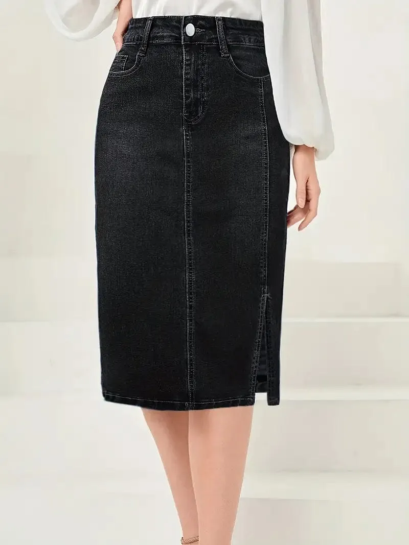 Button Front Denim Maxi Skirt with Side Slit