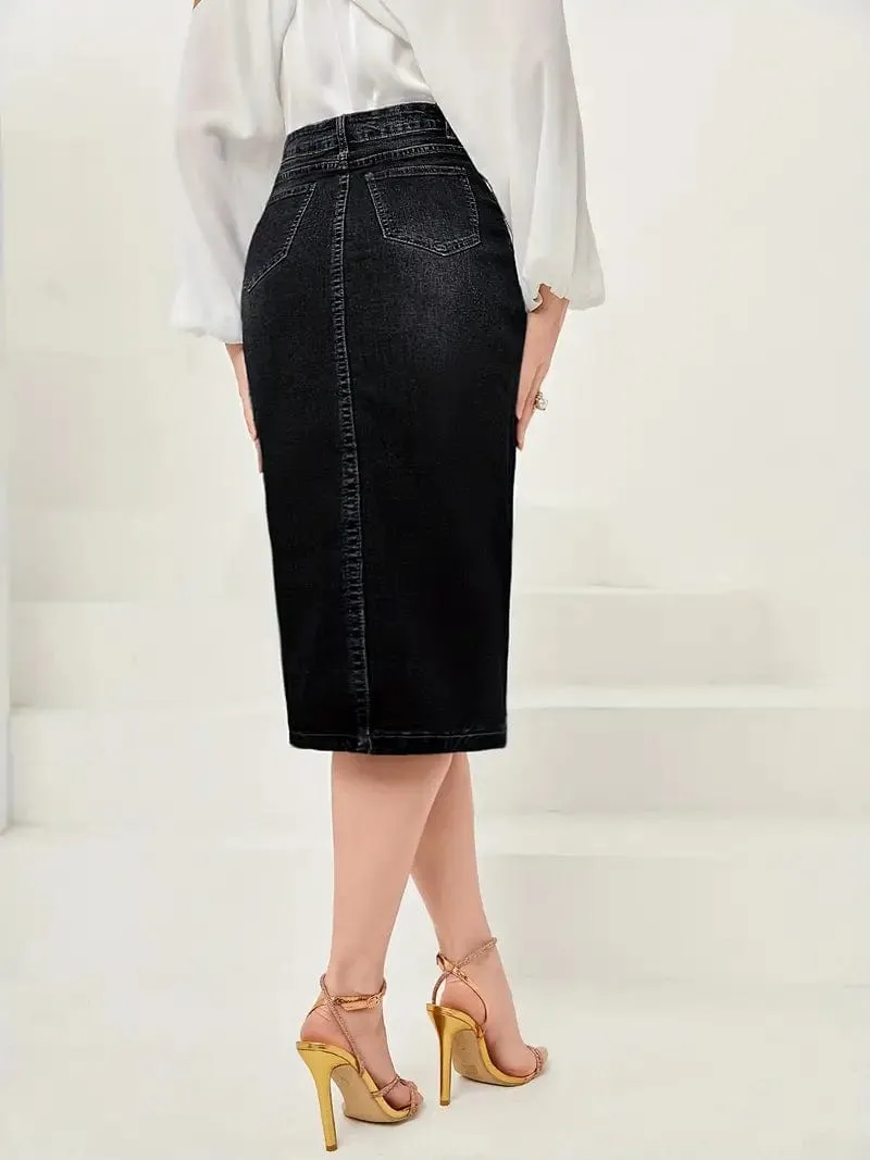 Button Front Denim Maxi Skirt with Side Slit