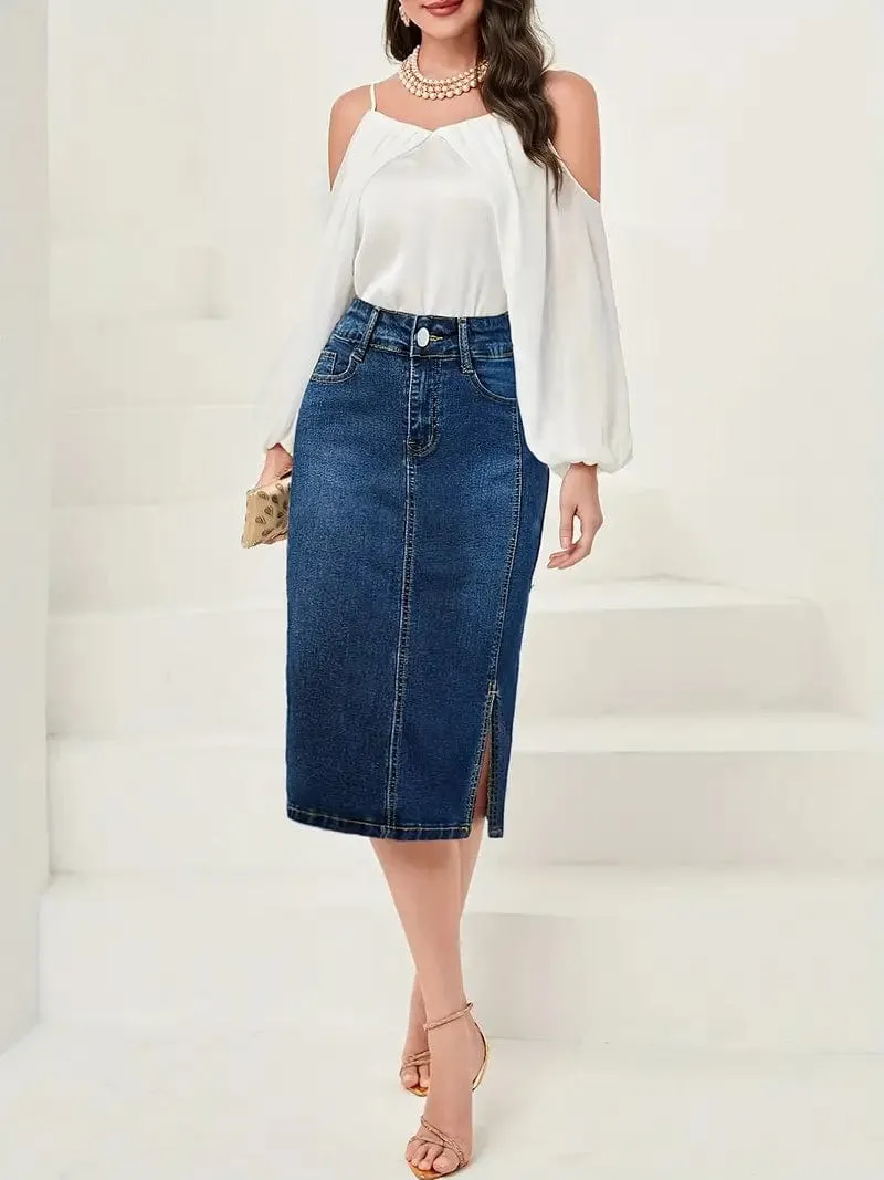 Button Front Denim Maxi Skirt with Side Slit