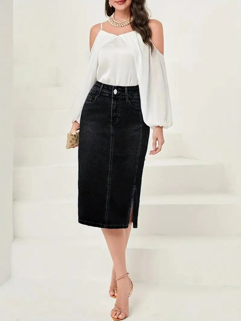 Button Front Denim Maxi Skirt with Side Slit