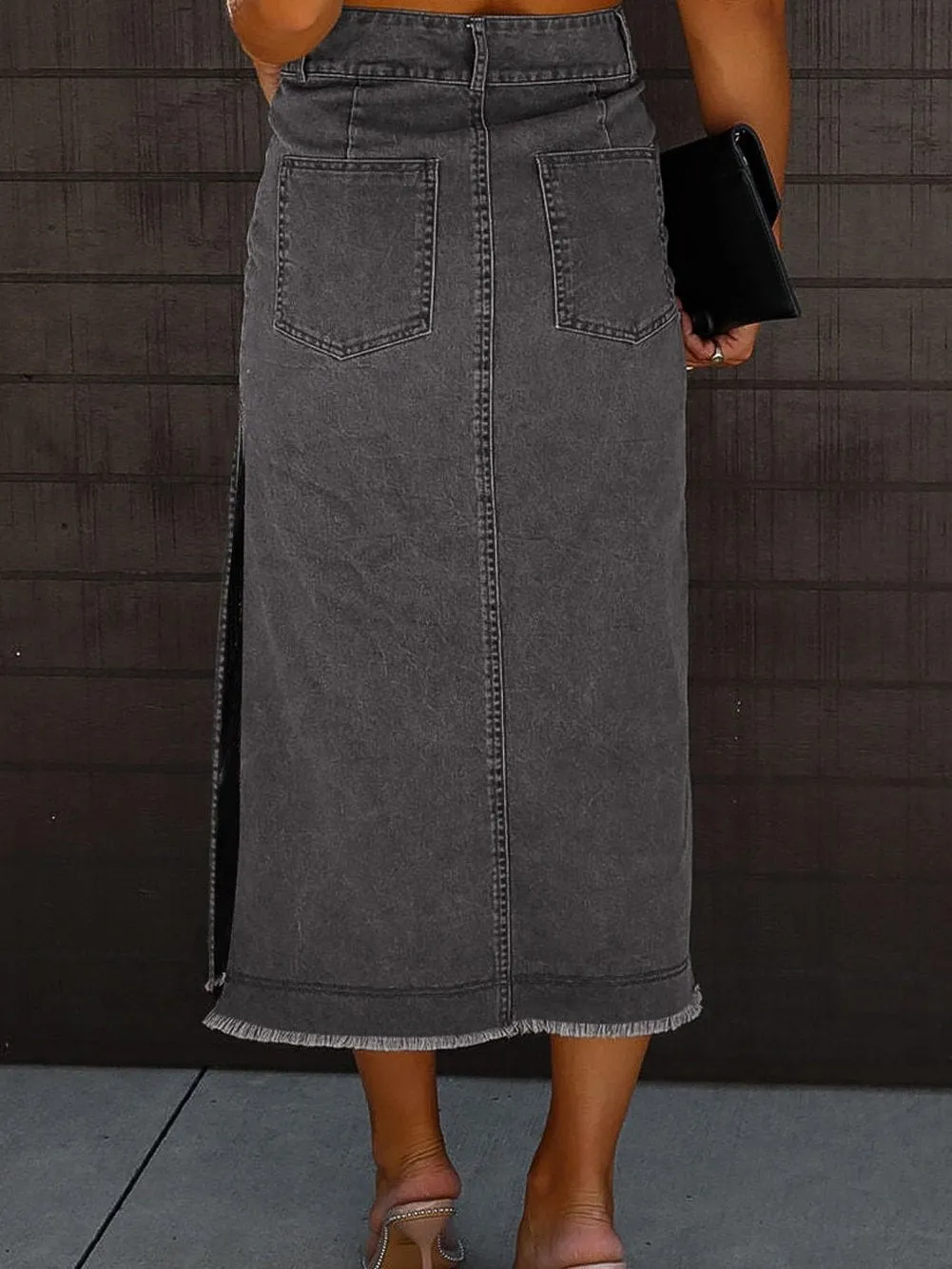 Button Front Denim Maxi Skirt with Side Slit