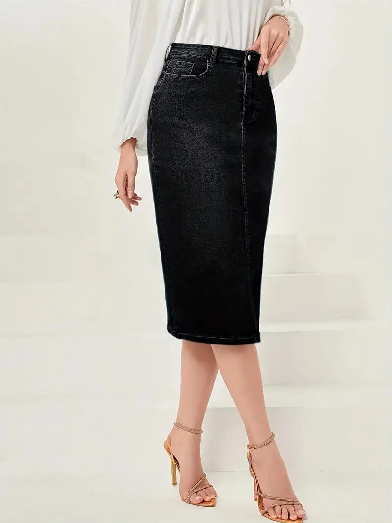 Button Front Denim Maxi Skirt with Side Slit