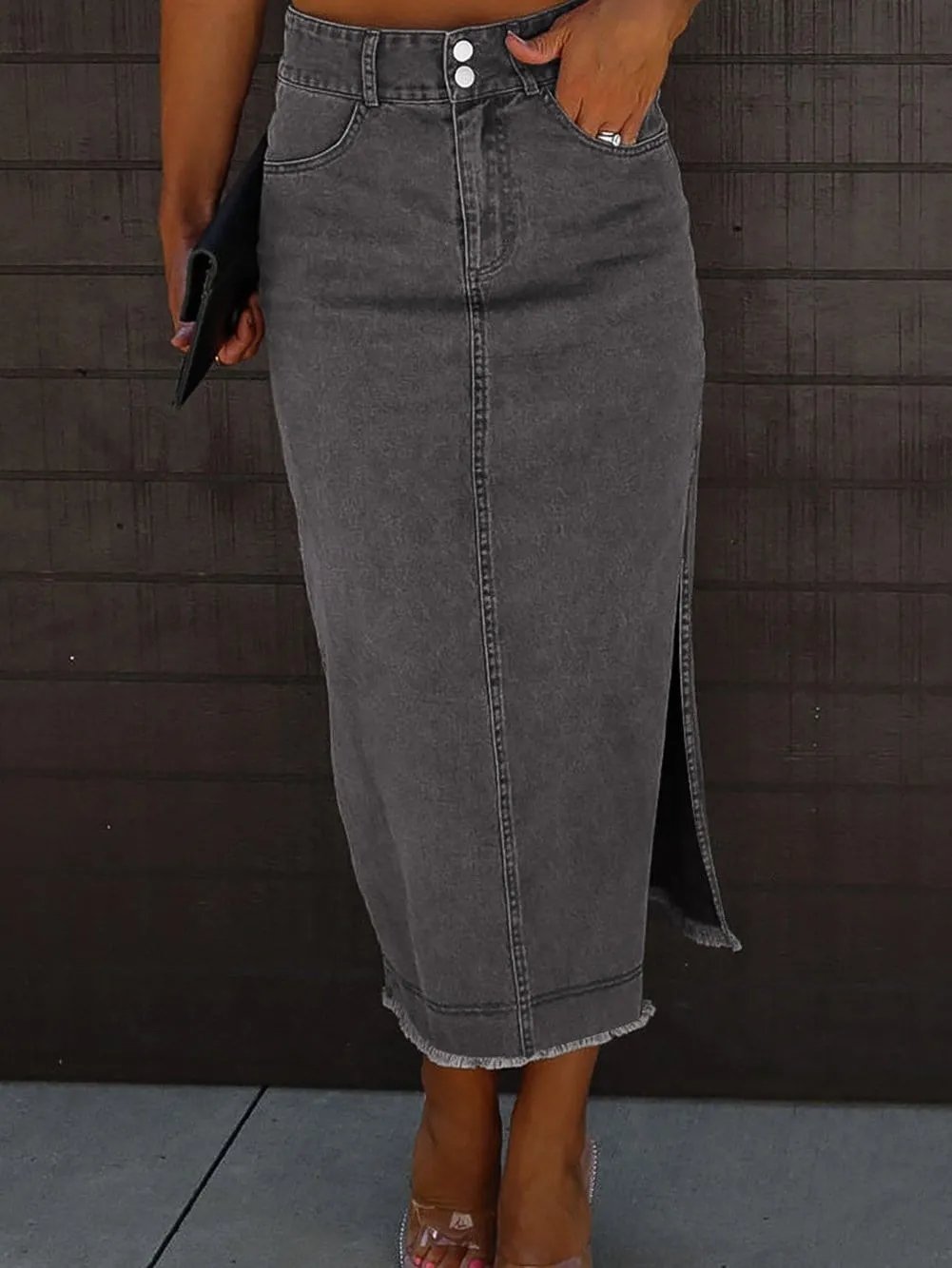 Button Front Denim Maxi Skirt with Side Slit