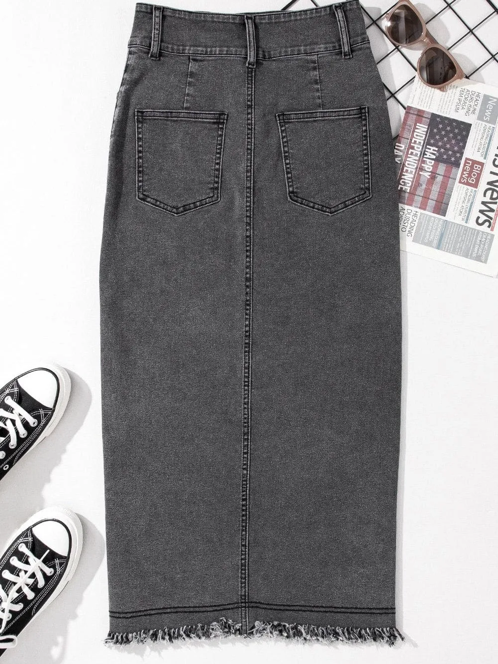 Button Front Denim Maxi Skirt with Side Slit