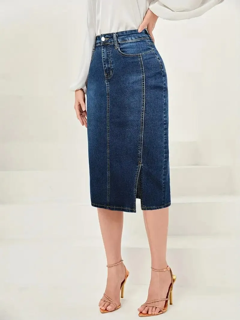 Button Front Denim Maxi Skirt with Side Slit