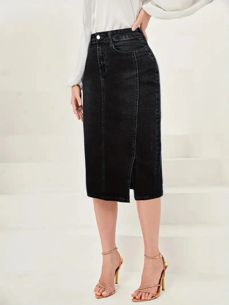 Button Front Denim Maxi Skirt with Side Slit