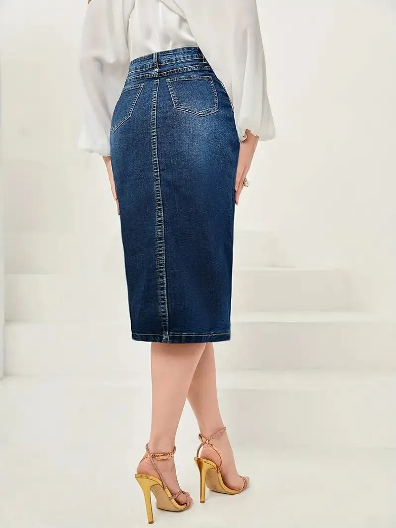 Button Front Denim Maxi Skirt with Side Slit