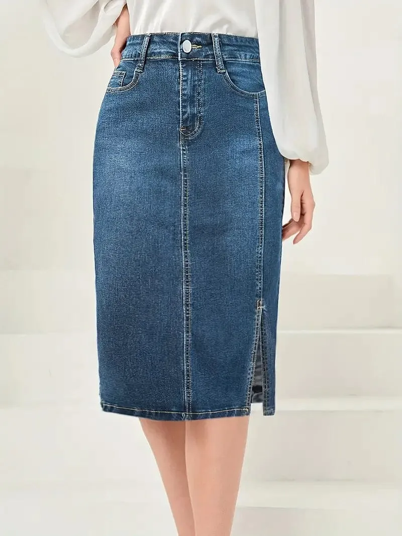 Button Front Denim Maxi Skirt with Side Slit