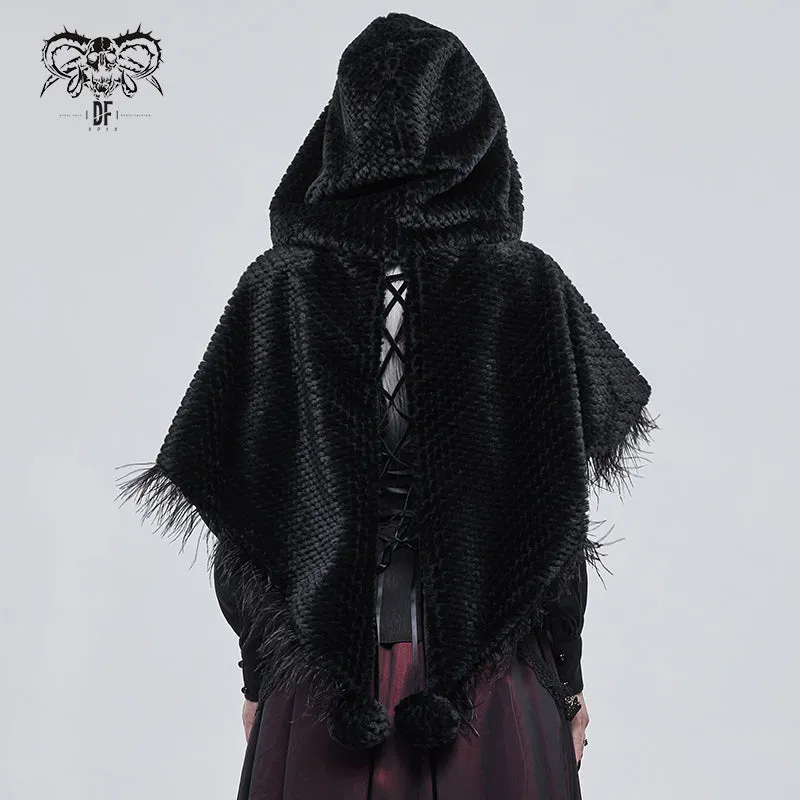 CA02501 Short dark grained plush hooded cloak