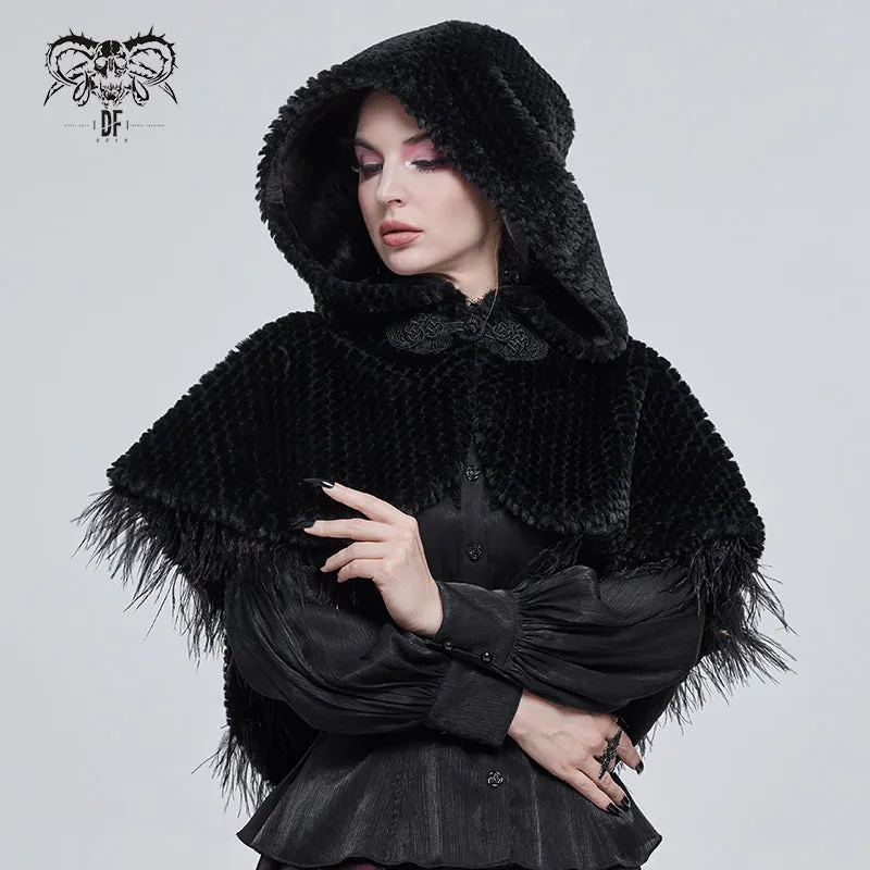 CA02501 Short dark grained plush hooded cloak