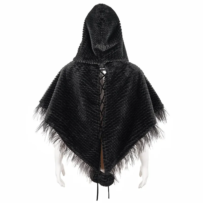 CA02501 Short dark grained plush hooded cloak