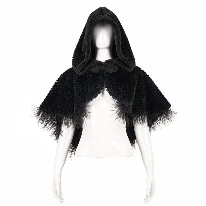 CA02501 Short dark grained plush hooded cloak