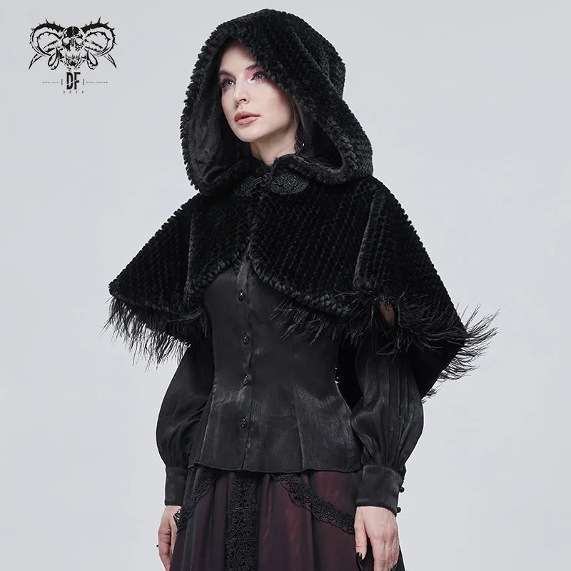 CA02501 Short dark grained plush hooded cloak