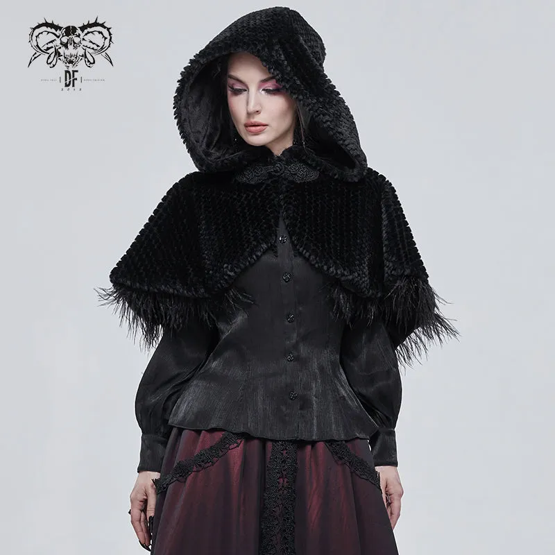 CA02501 Short dark grained plush hooded cloak