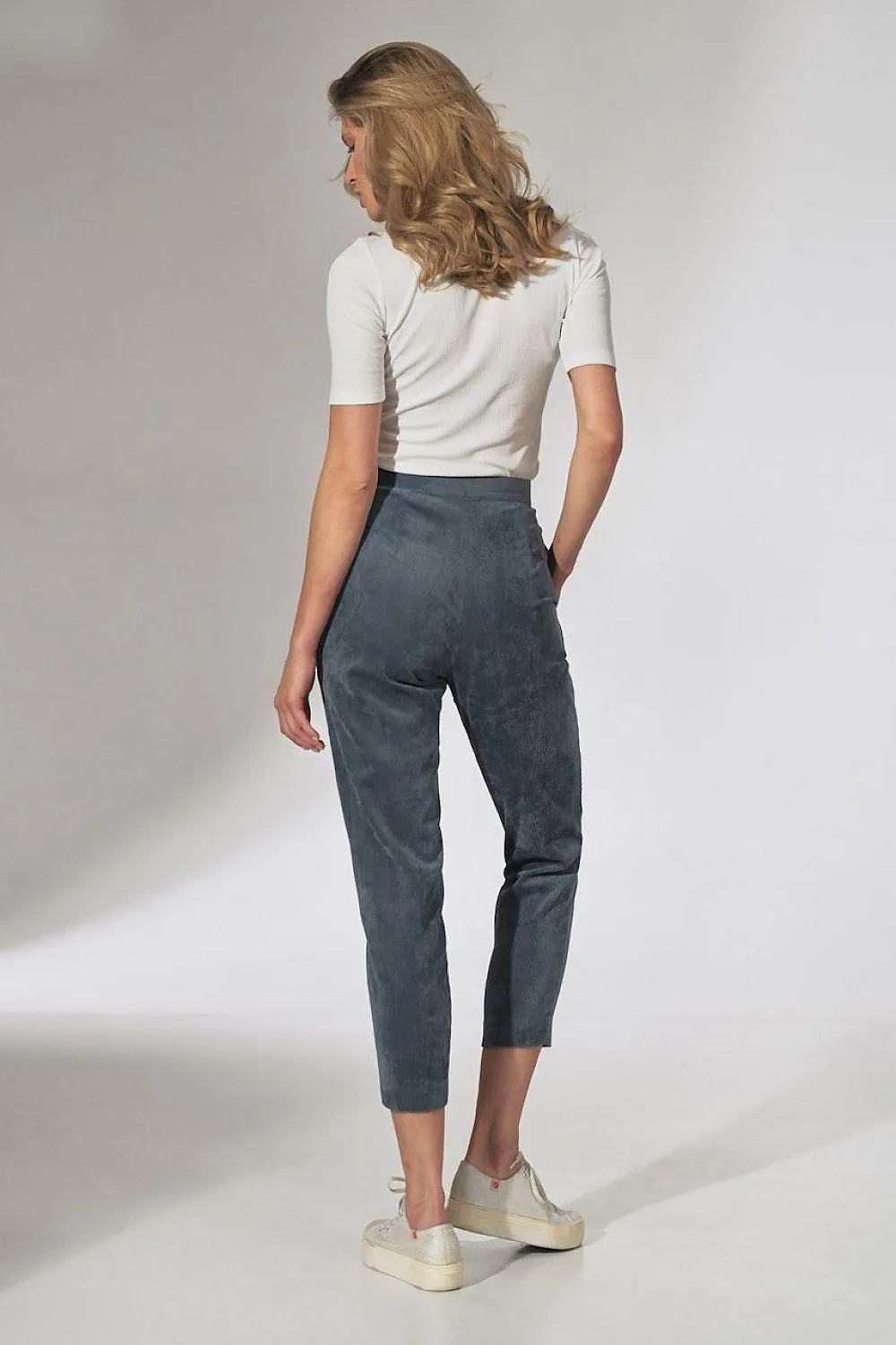 Chic Beige Corduroy Trousers with Elegant Pleats and Tapered Fit