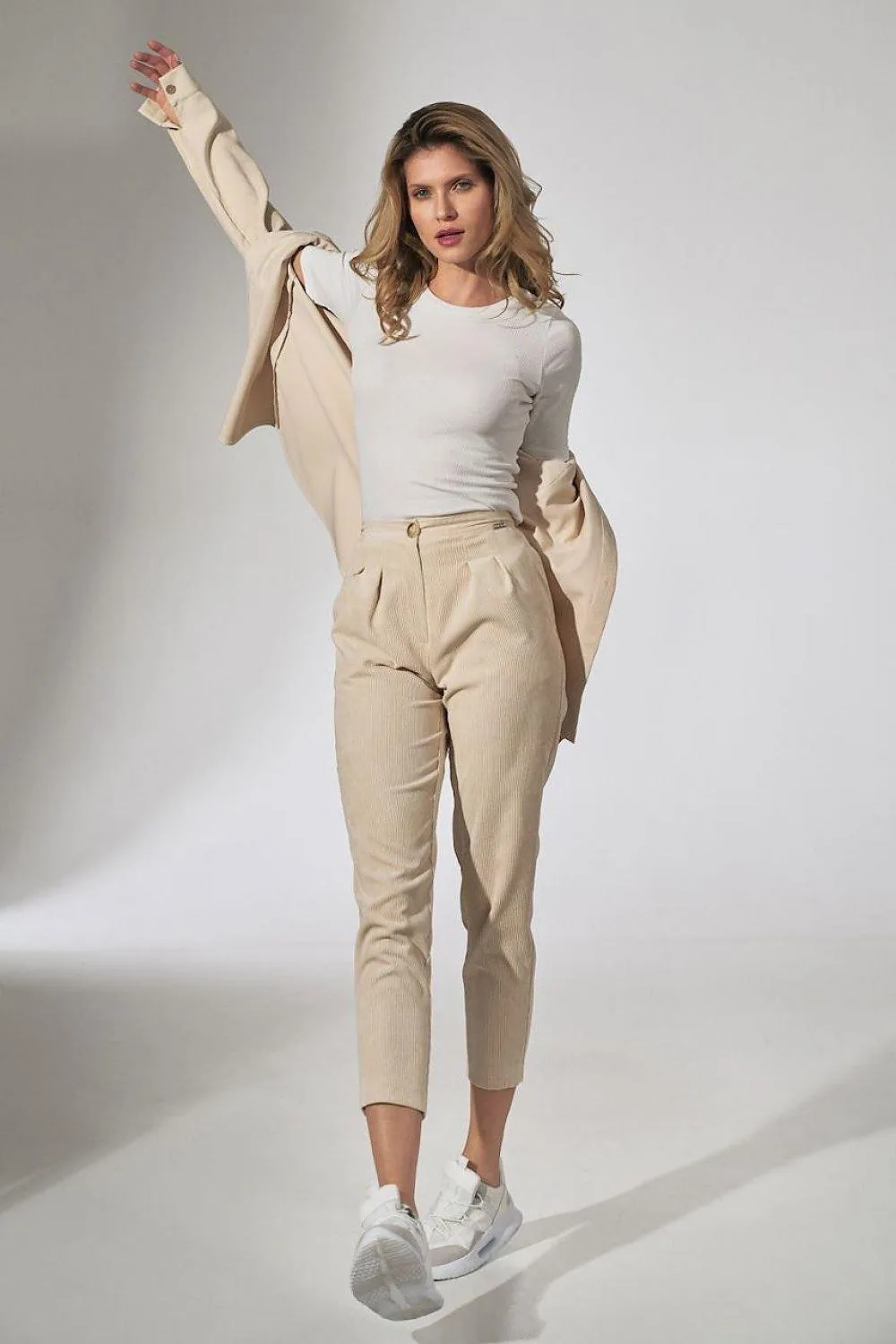 Chic Beige Corduroy Trousers with Elegant Pleats and Tapered Fit