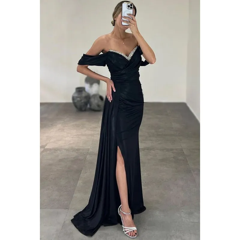 Chic V-Neck Cap Sleeves Sheath Side Slit Formal Prom Dress