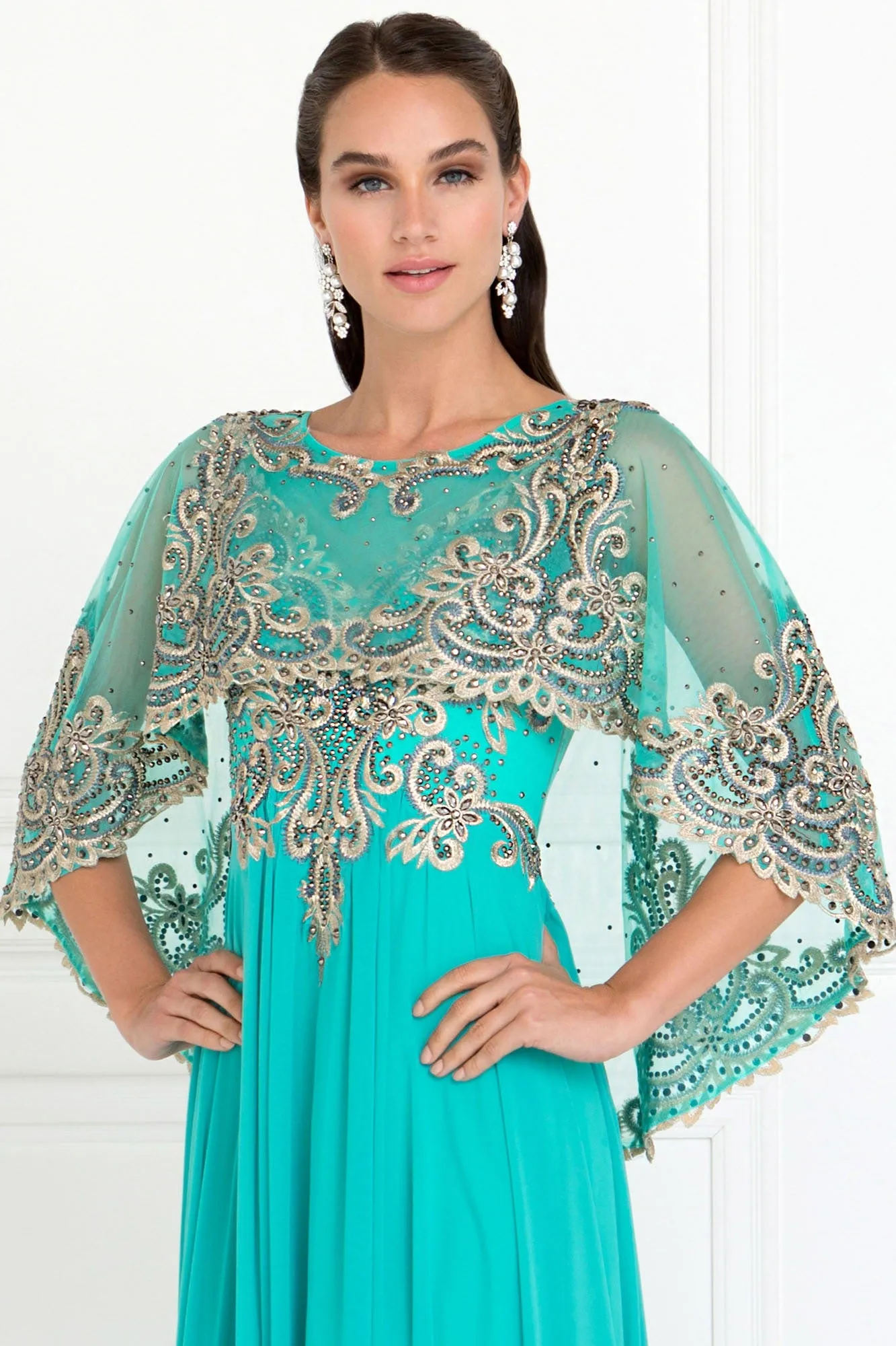 Chiffon A-Line Long Dress with Embroidered Cape Sleeves GLGL1527