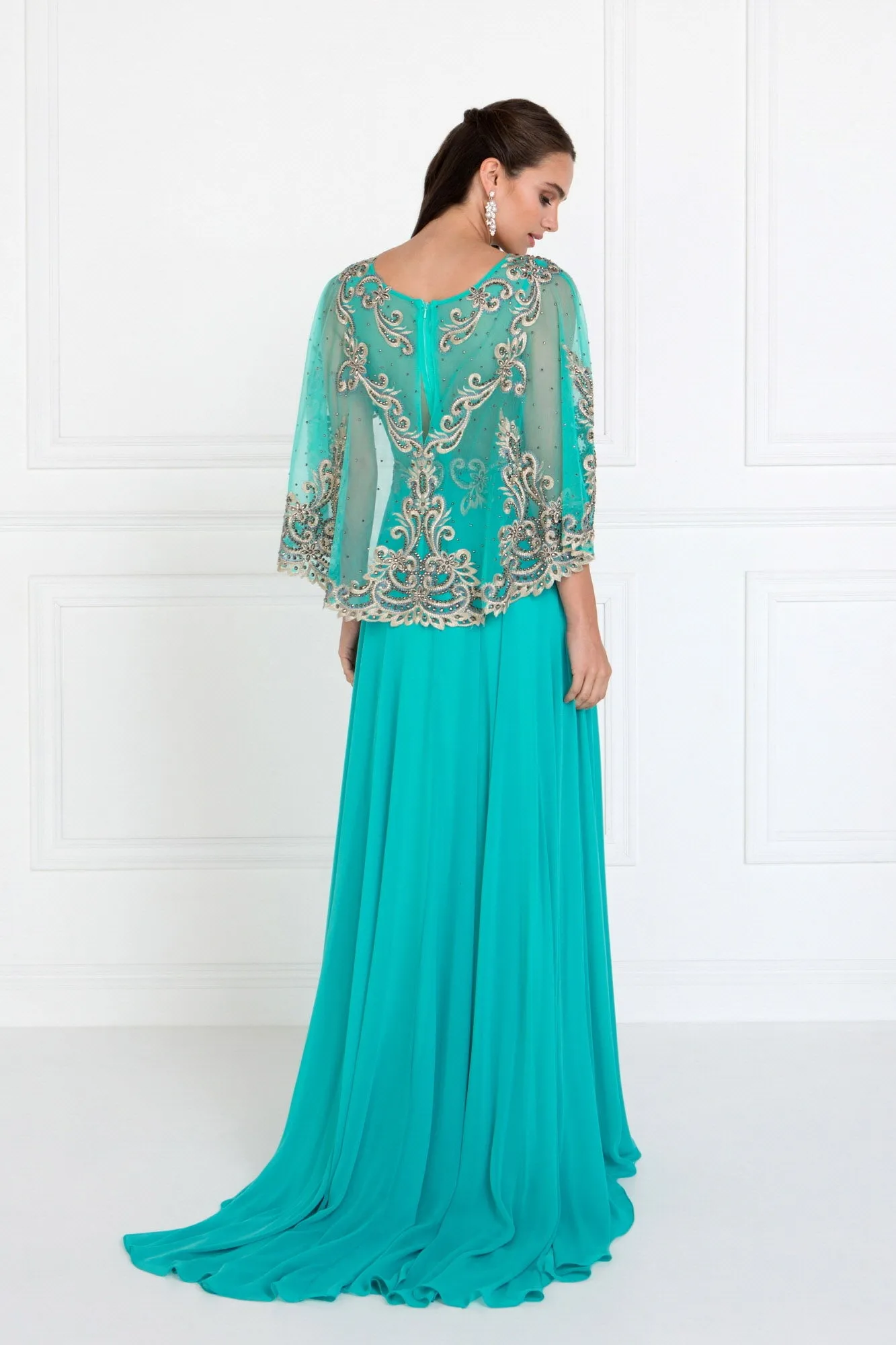 Chiffon A-Line Long Dress with Embroidered Cape Sleeves GLGL1527