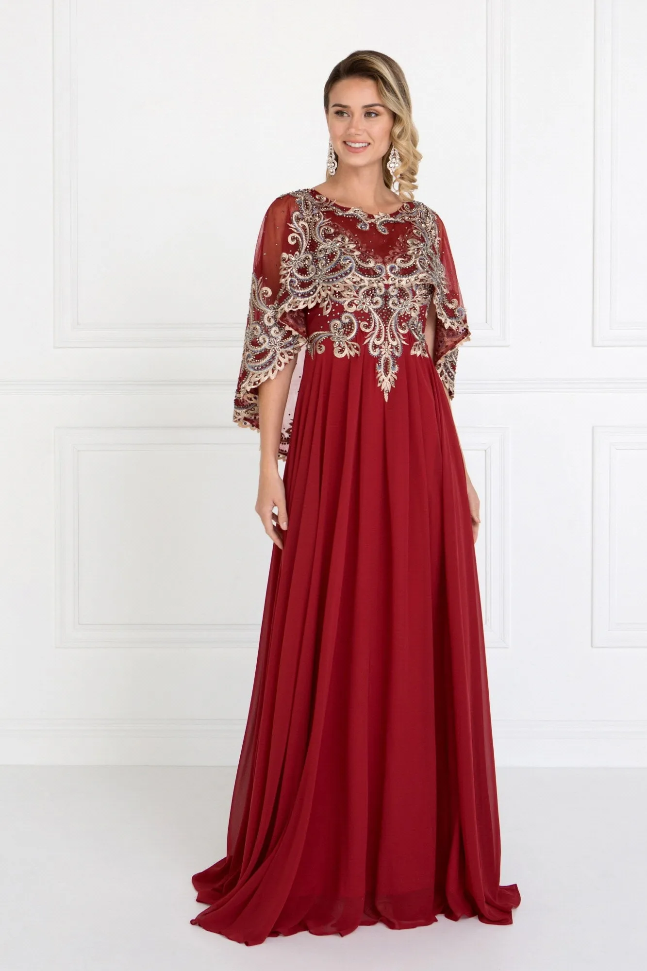 Chiffon A-Line Long Dress with Embroidered Cape Sleeves GLGL1527