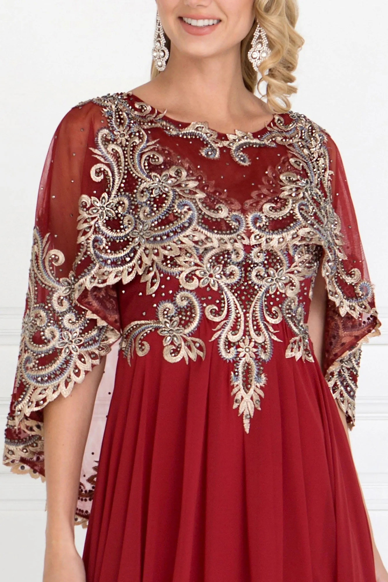 Chiffon A-Line Long Dress with Embroidered Cape Sleeves GLGL1527