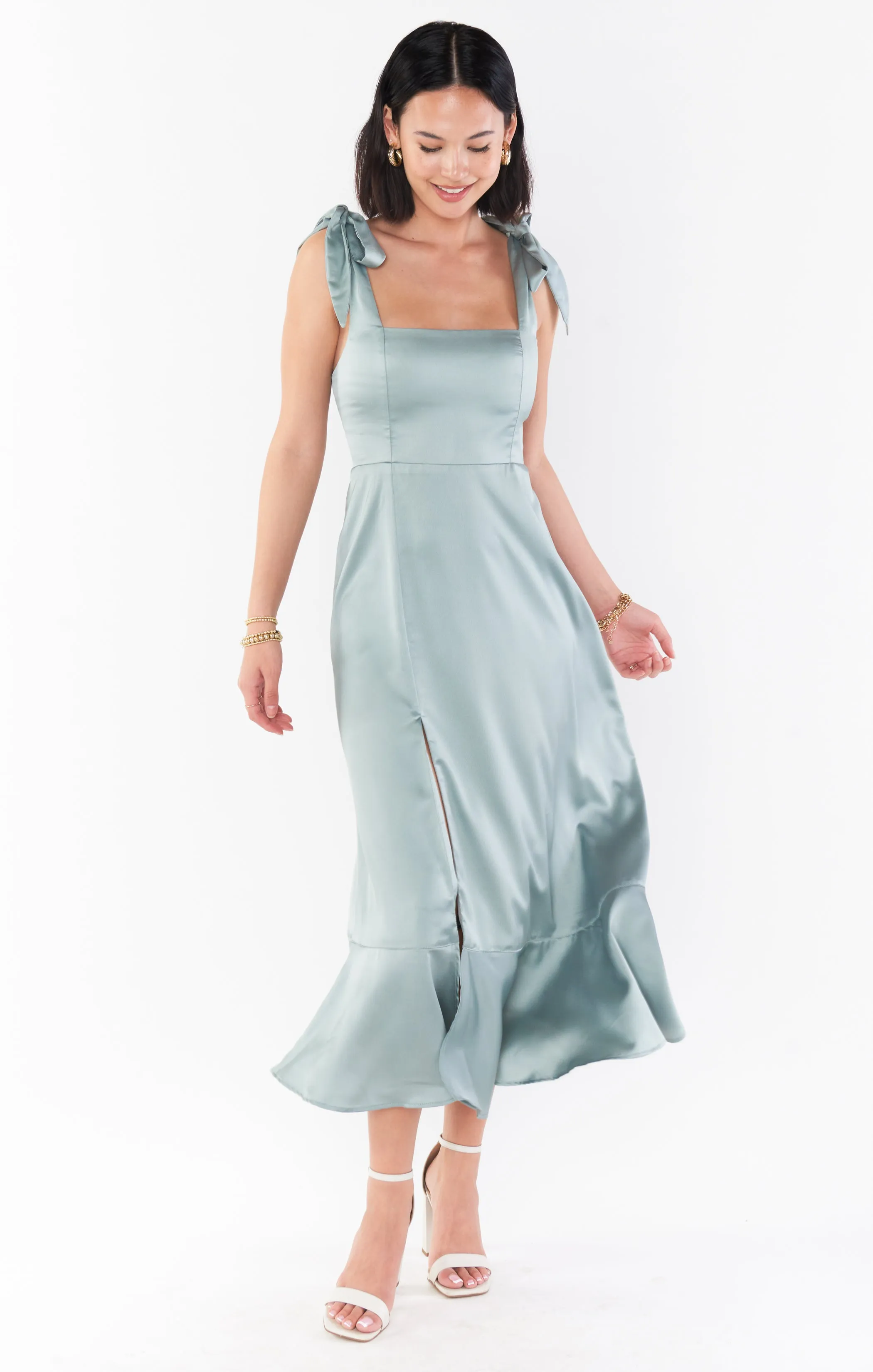 Claire Midi Dress ~ Silver Sage Luxe Satin