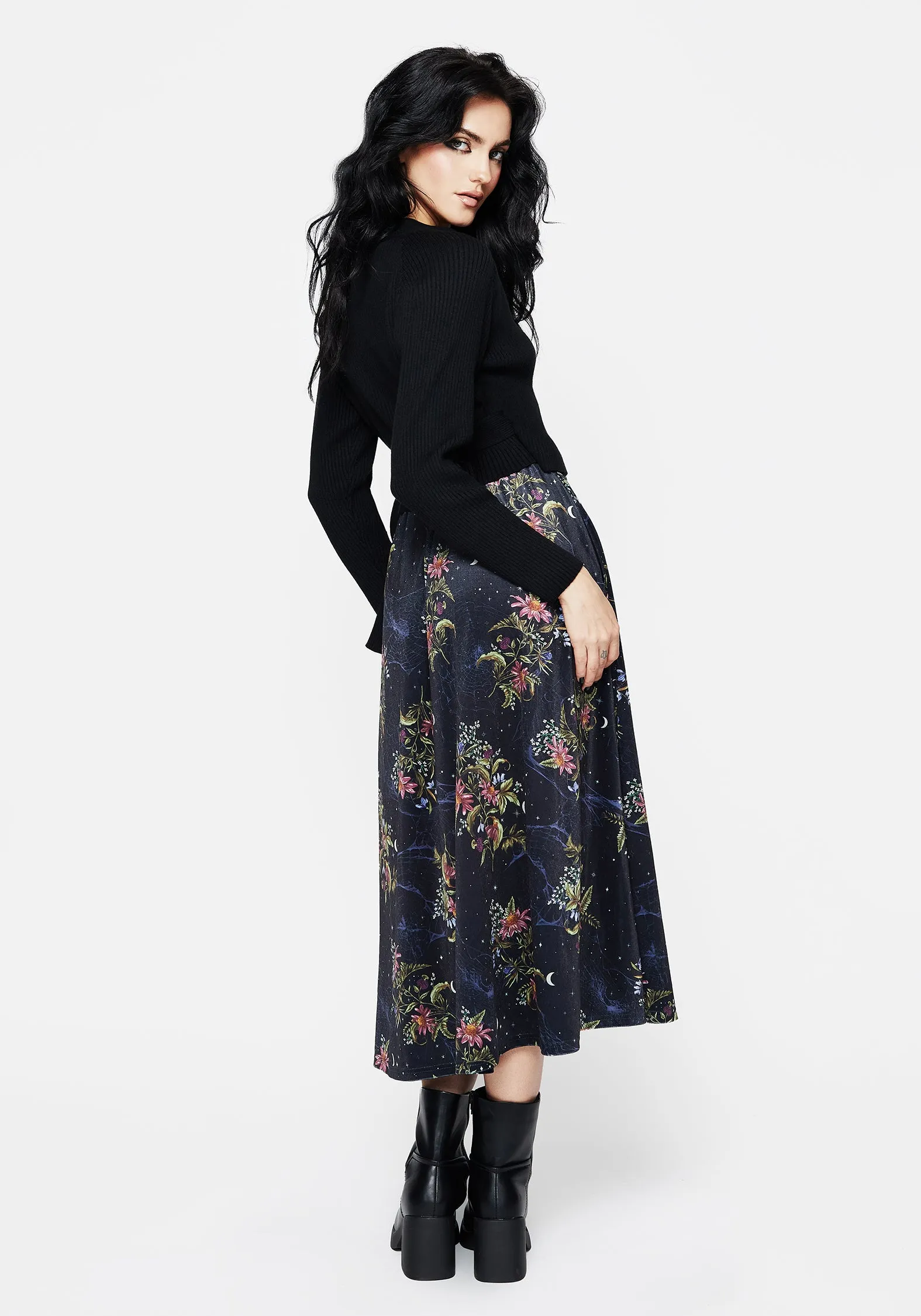 Cleome Floral Spiderweb Velour Midi Skirt