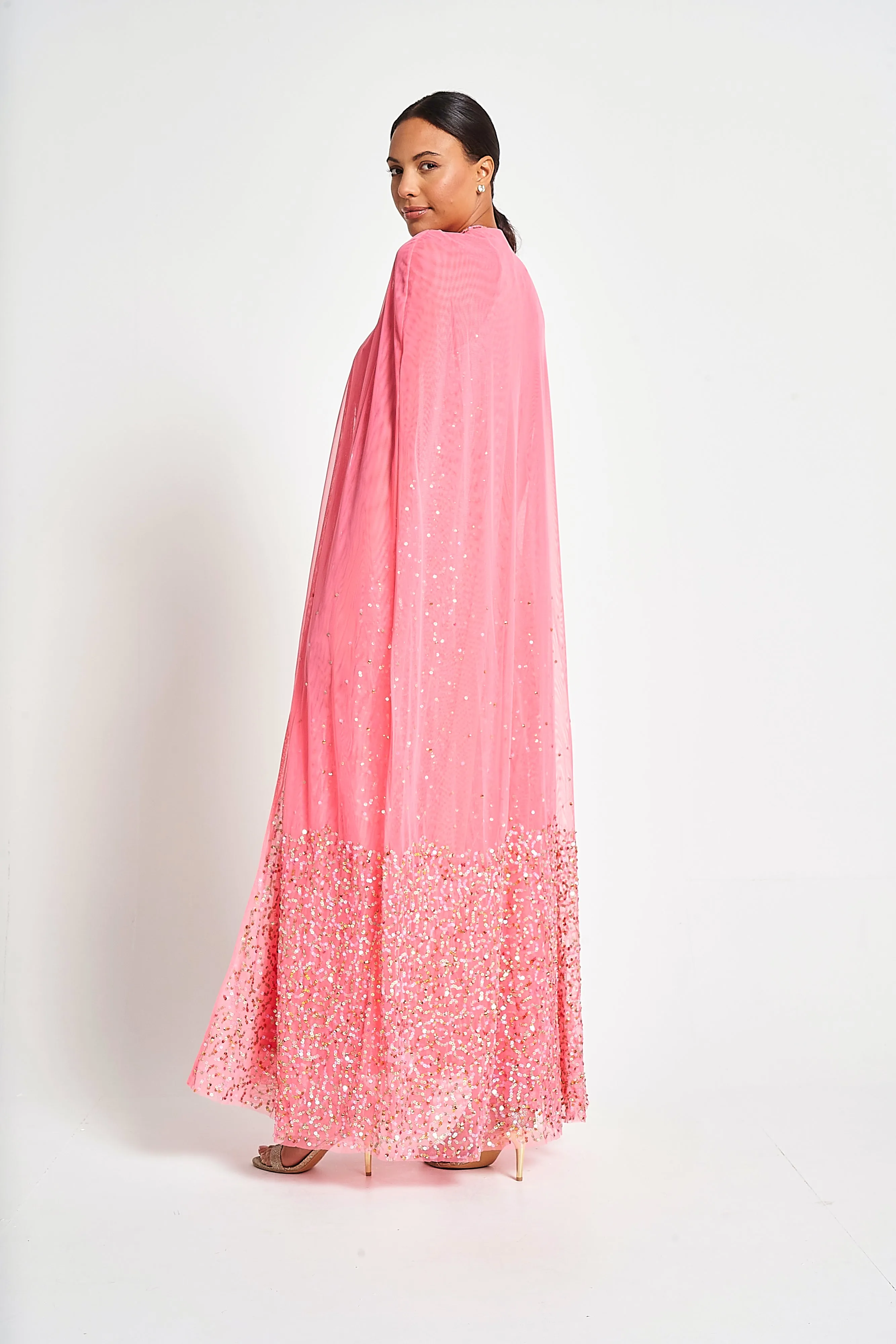 Cora Strawberry Sequin Maxi Dress with Detachable Cape