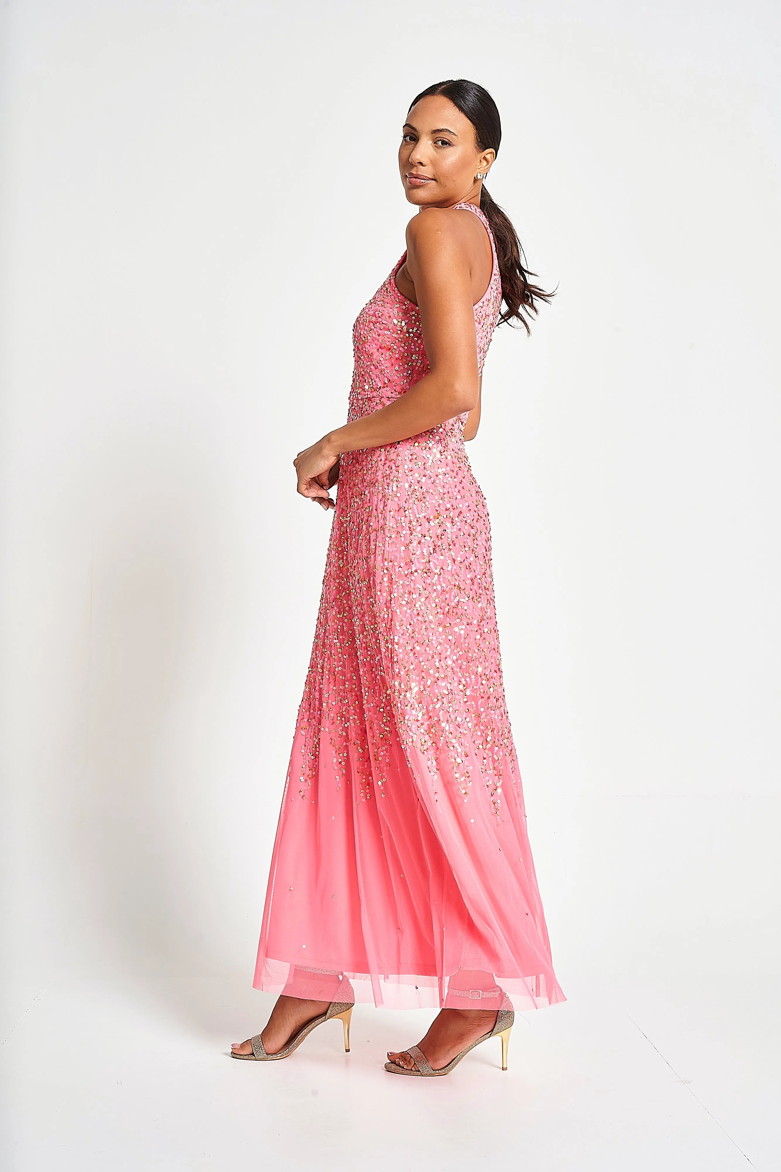 Cora Strawberry Sequin Maxi Dress with Detachable Cape