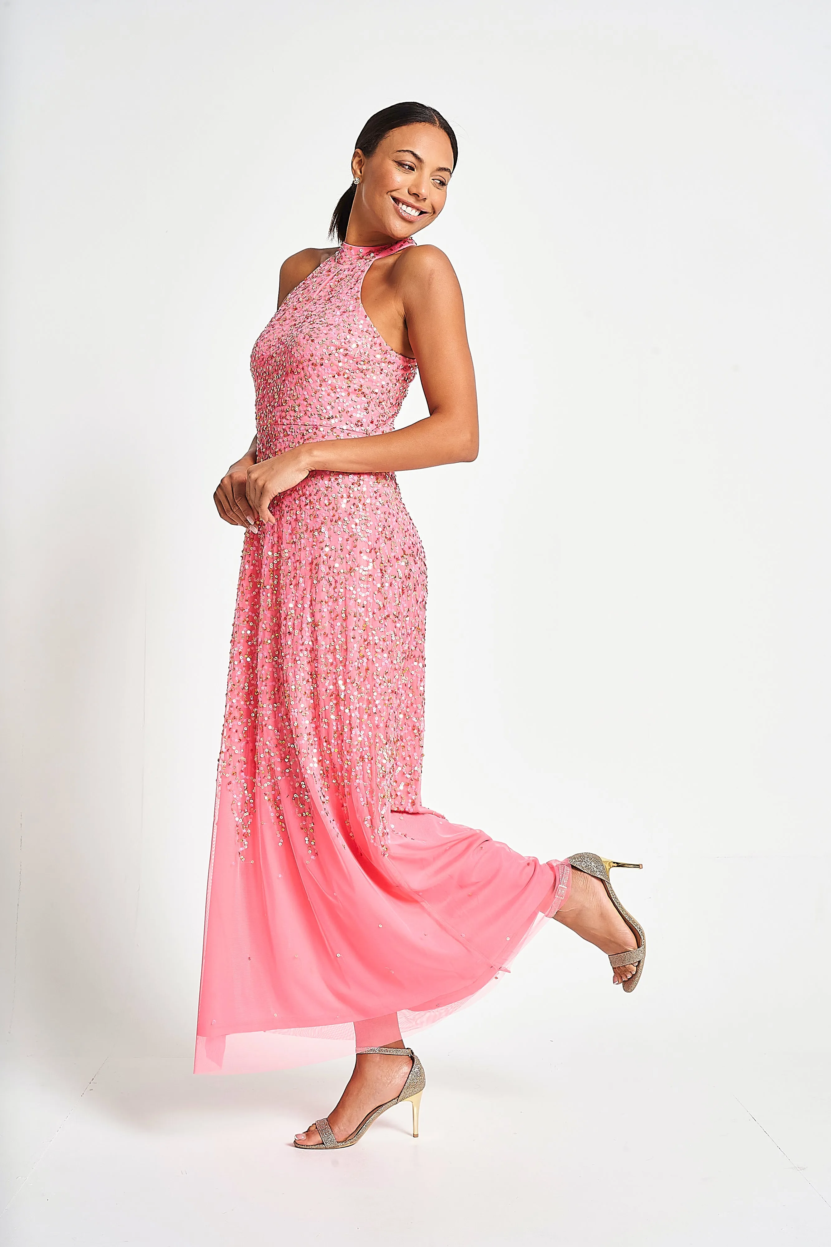 Cora Strawberry Sequin Maxi Dress with Detachable Cape