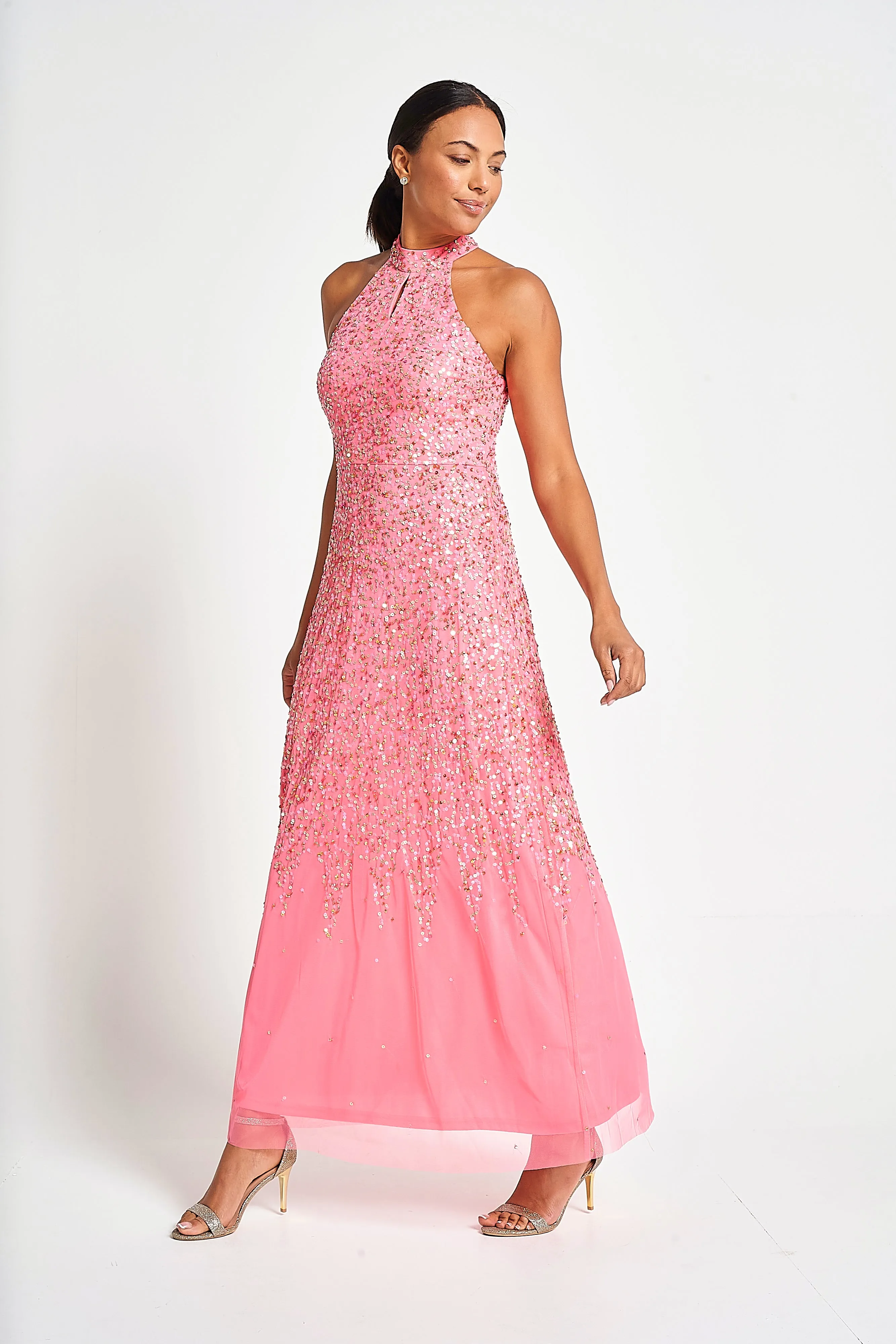 Cora Strawberry Sequin Maxi Dress with Detachable Cape