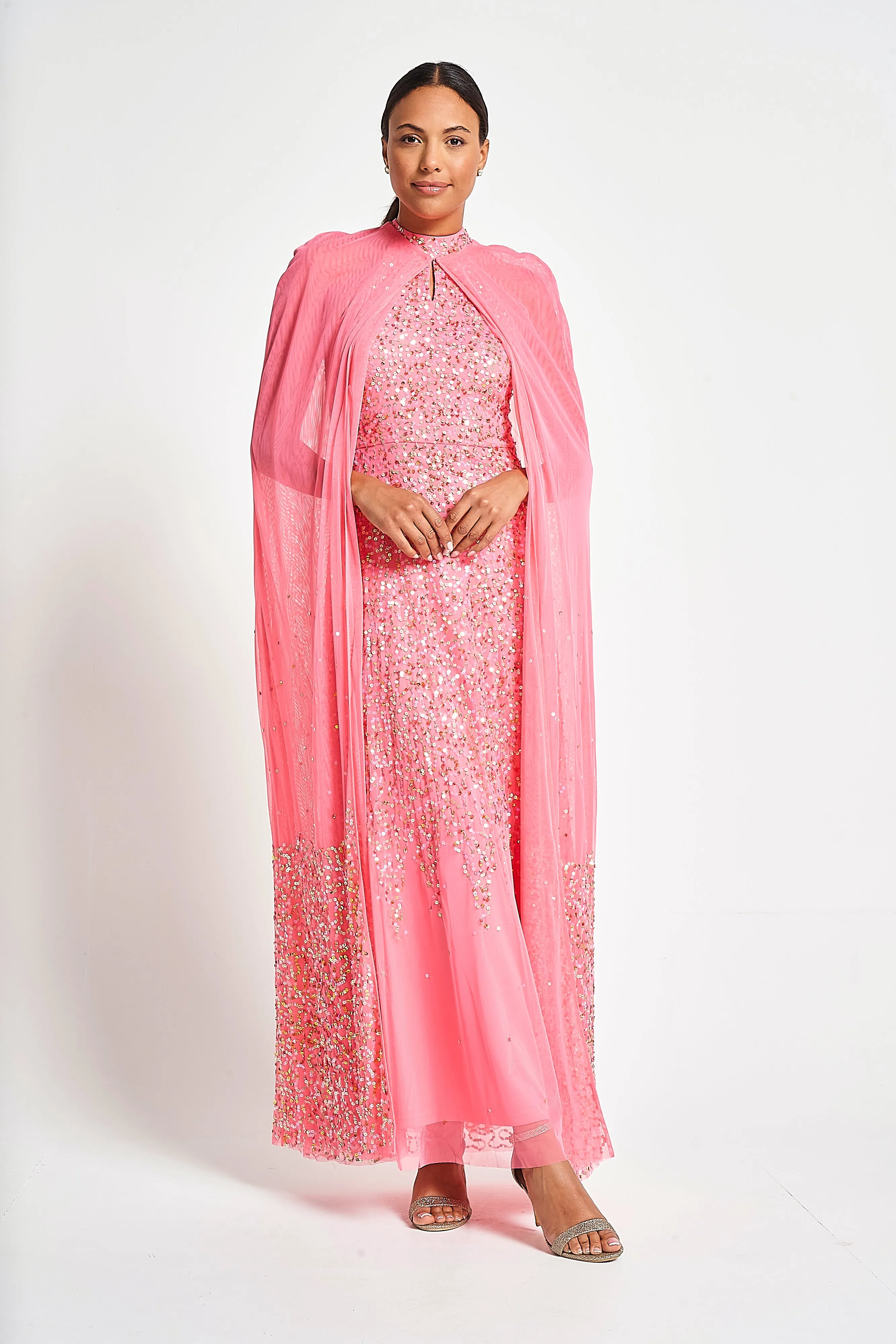 Cora Strawberry Sequin Maxi Dress with Detachable Cape