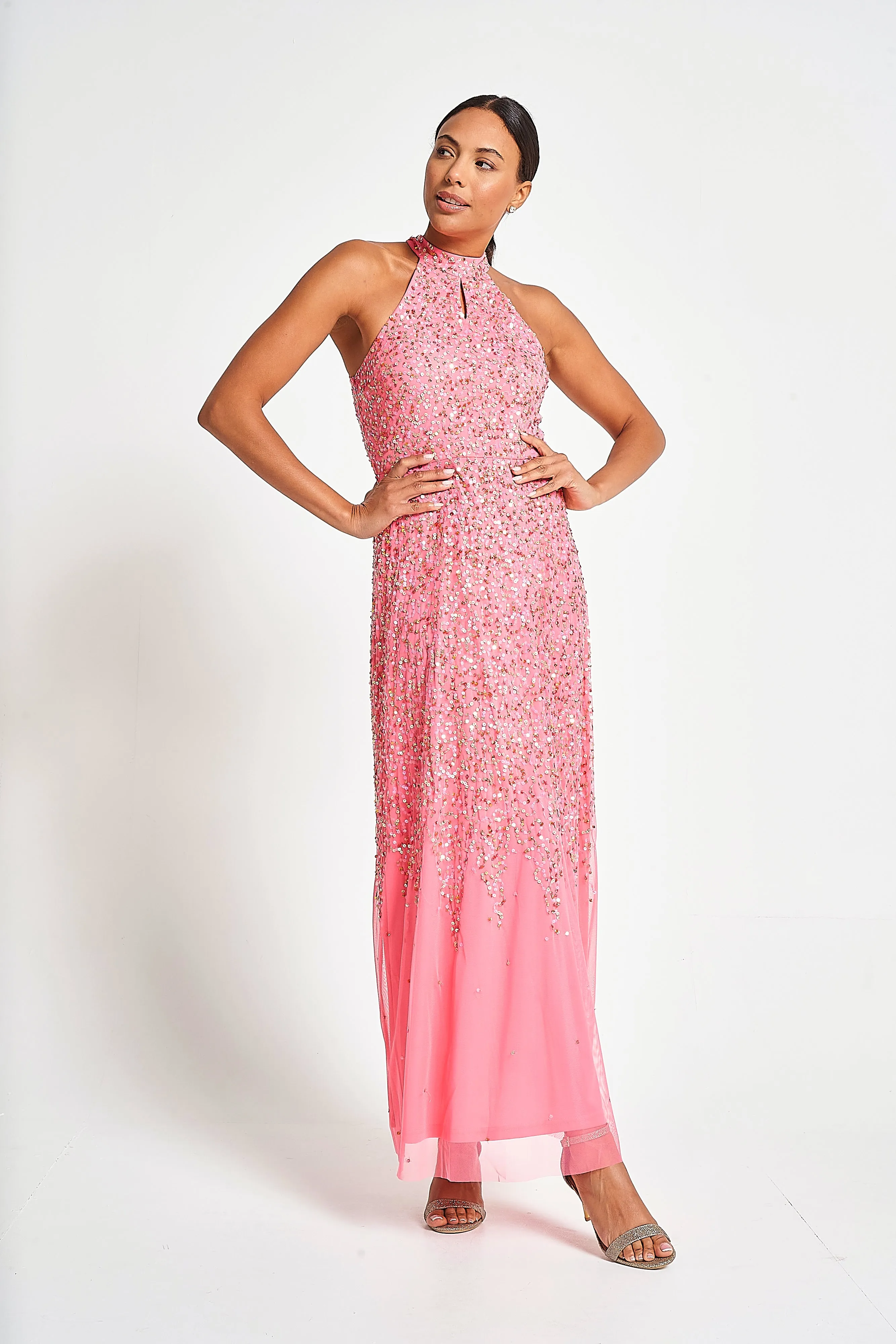 Cora Strawberry Sequin Maxi Dress with Detachable Cape