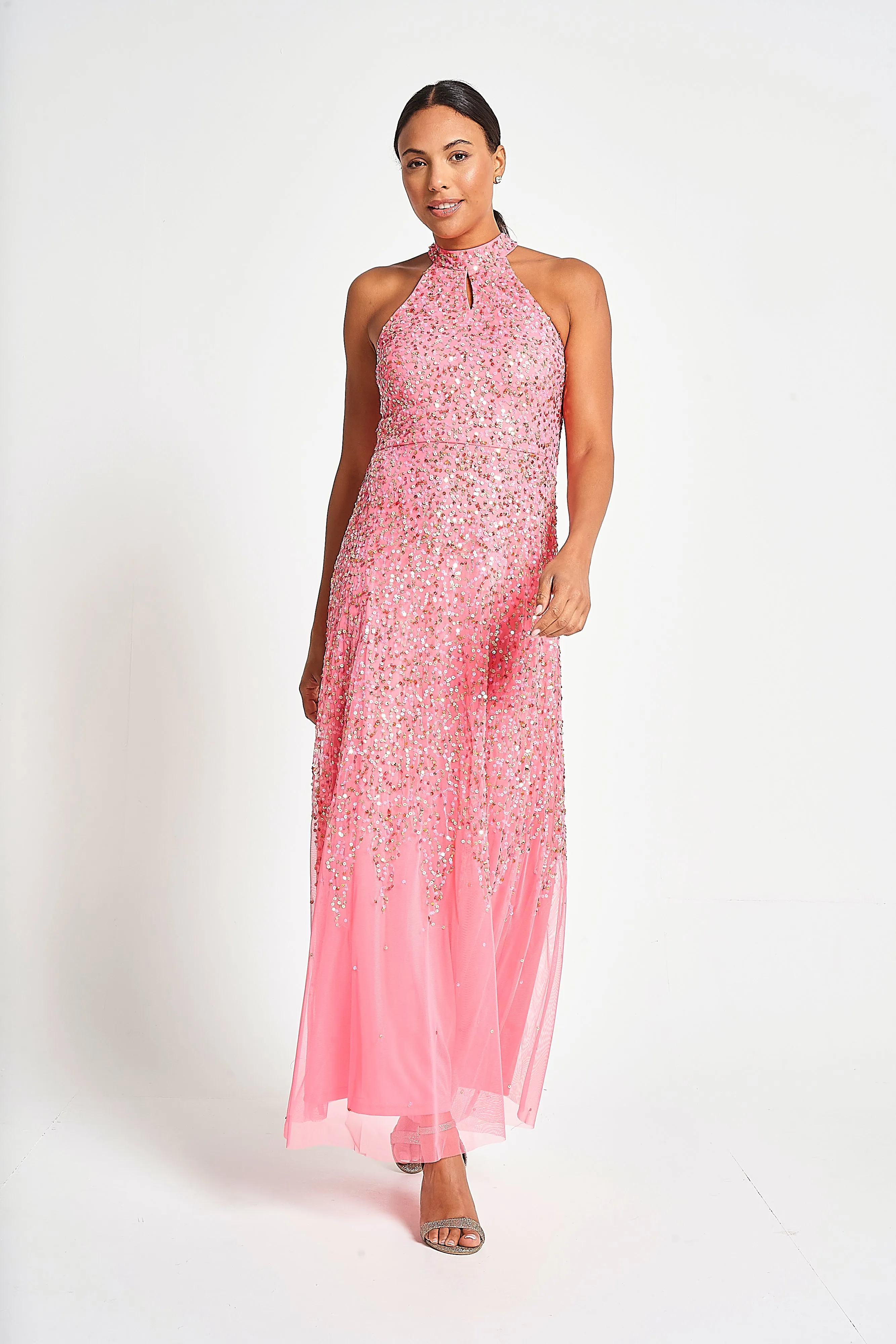 Cora Strawberry Sequin Maxi Dress with Detachable Cape