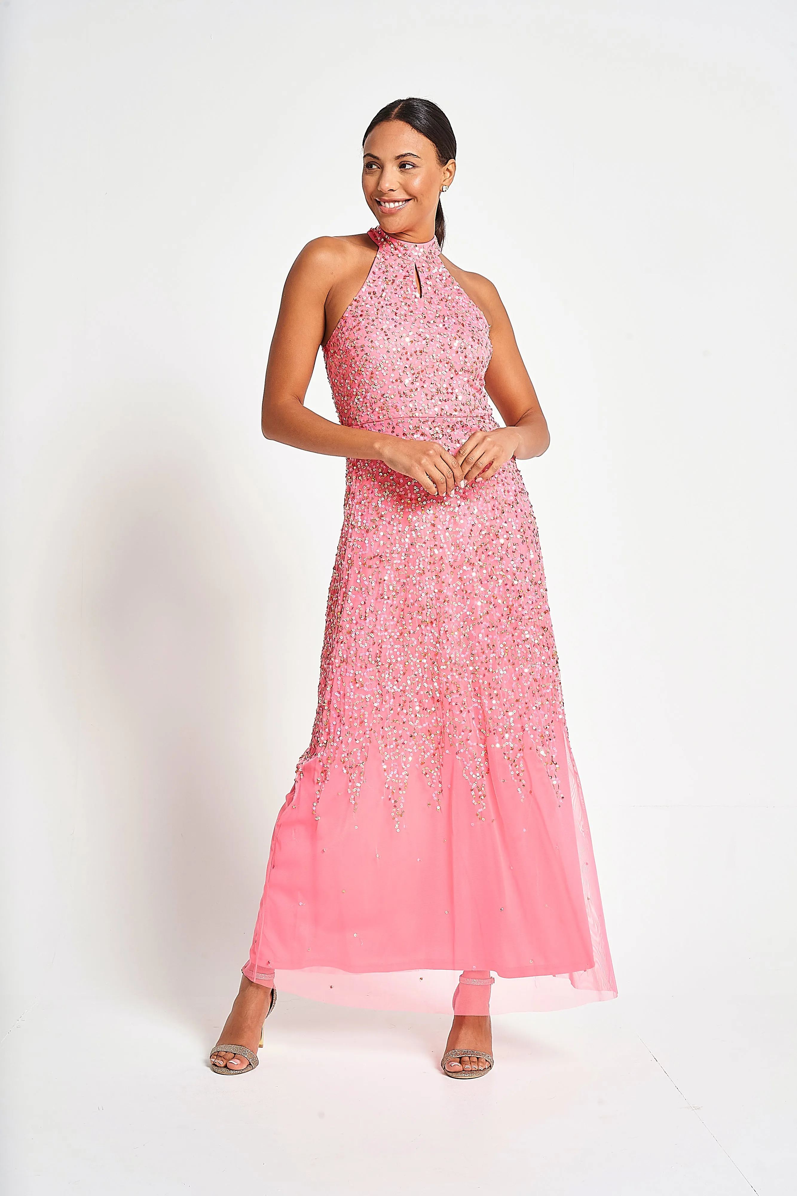 Cora Strawberry Sequin Maxi Dress with Detachable Cape