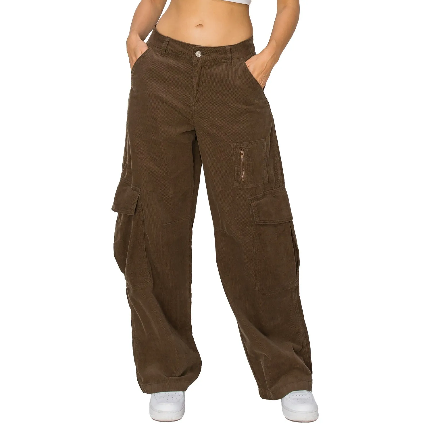 Corduroy Wide Leg Cargo Pants - Chocolate