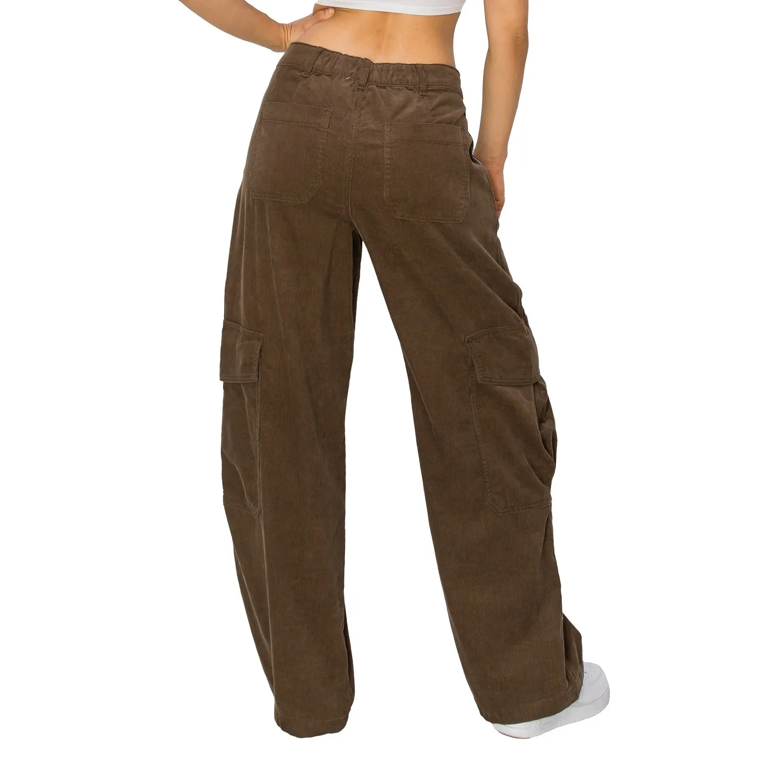 Corduroy Wide Leg Cargo Pants - Chocolate