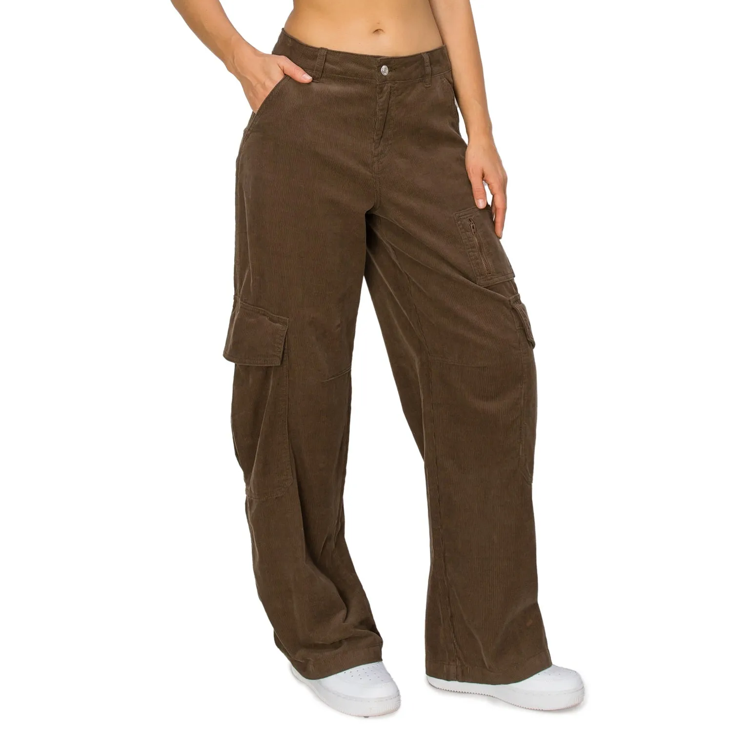 Corduroy Wide Leg Cargo Pants - Chocolate