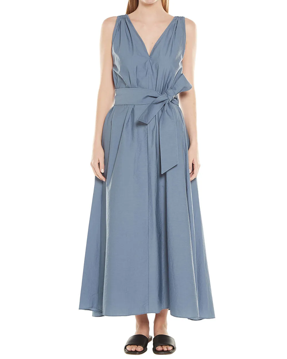 Crystal Blue Monili Shoulder Belted Midi Dress