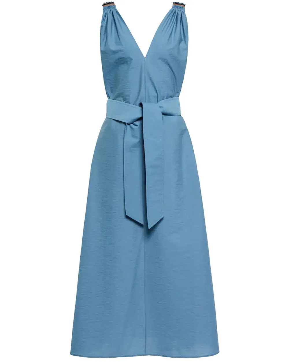 Crystal Blue Monili Shoulder Belted Midi Dress