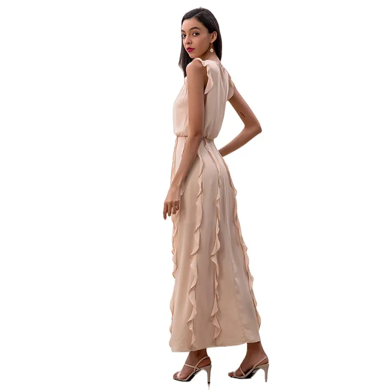 D229 Women solid heavy georgette sleeveless ruffled detail A-shape maxi party dress